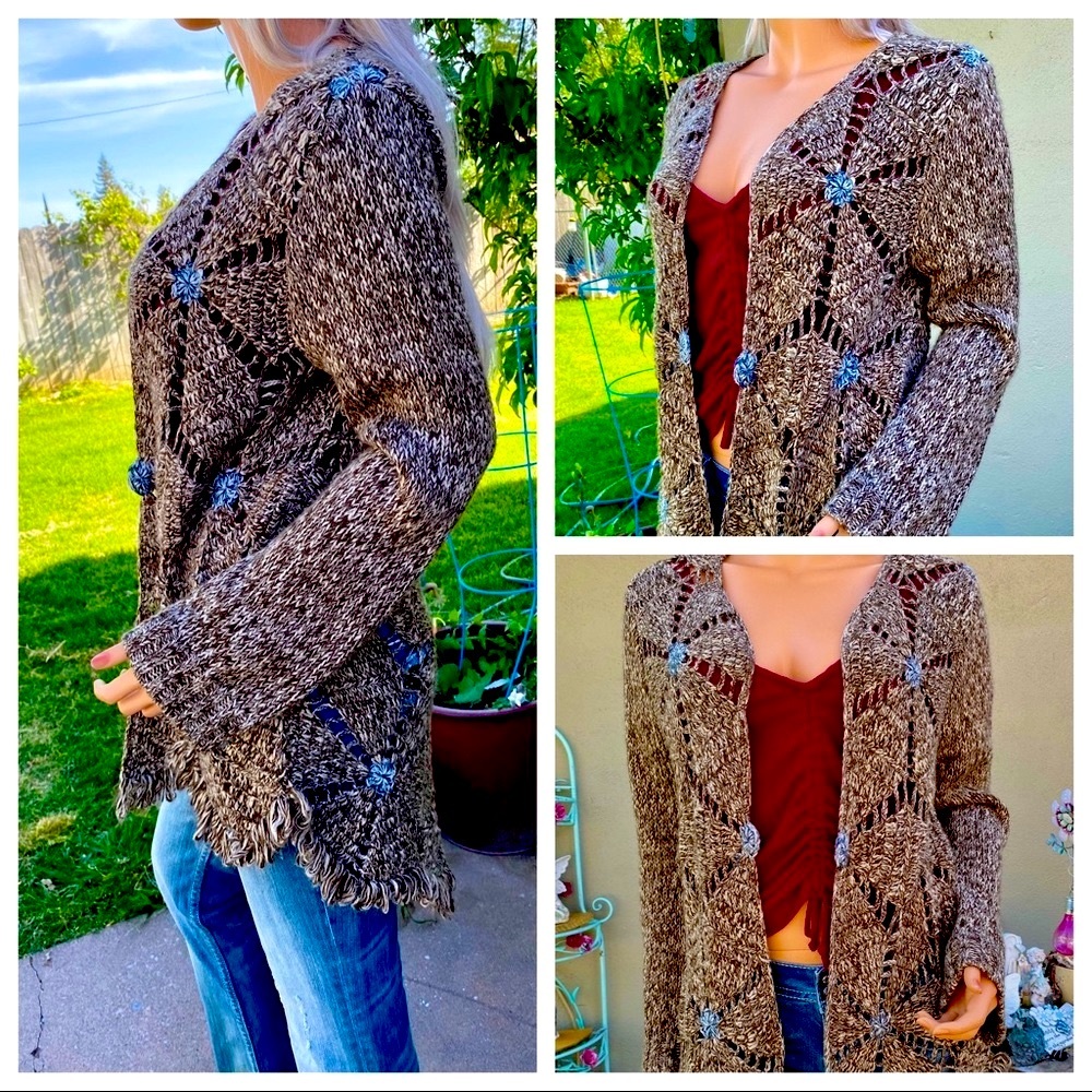 XS-M BoHo Chic Crochet Scallop Fringe Cardigan Duster Sweater - Picture 8 of 16